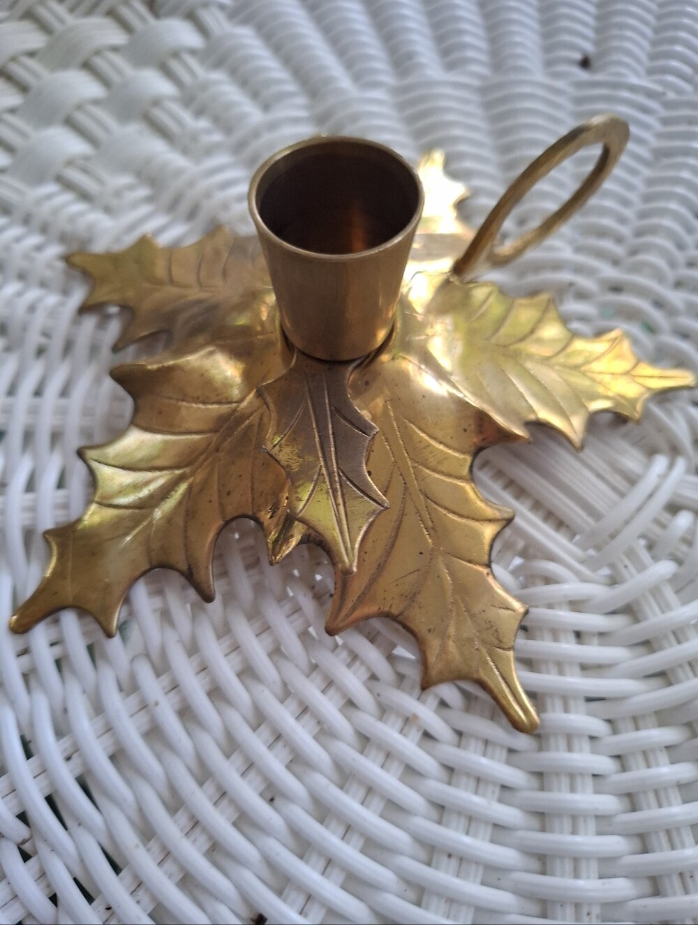 Vintage 1987 Sarna Brass Holly Leaf Candle Holder